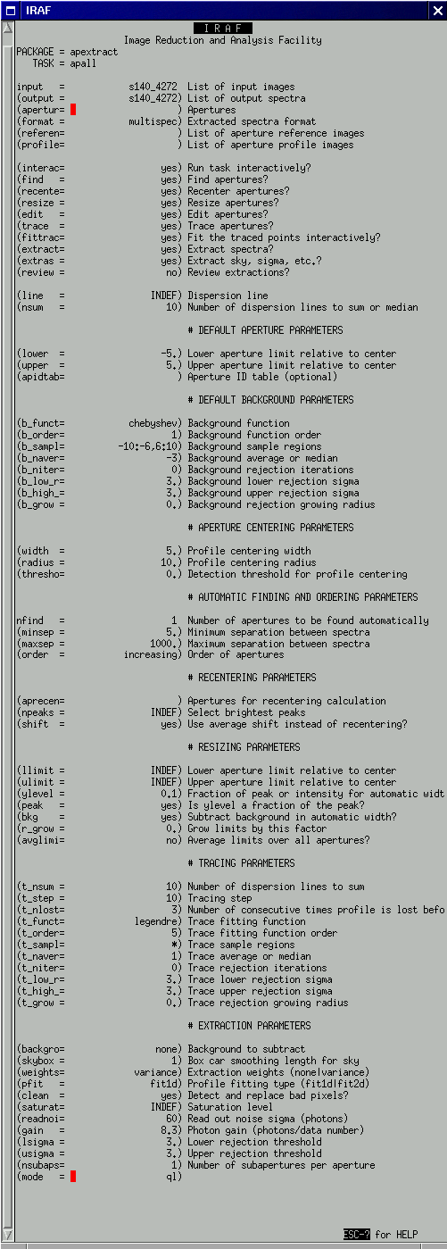 parameters screenshot for apall