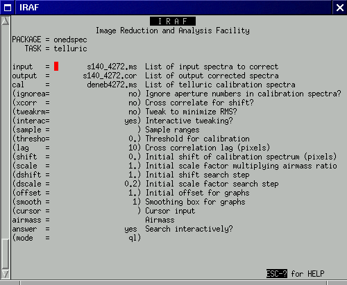 parameters screenshot for telluric